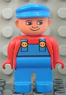 Figurine Duplo, homme, jambes bleues, haut rouge avec salopette bleue, casquette bleue, nez retroussé