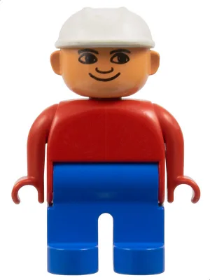 Duplo-Figur, männlich, blaue Beine, rotes Oberteil, weißer Bauhelm