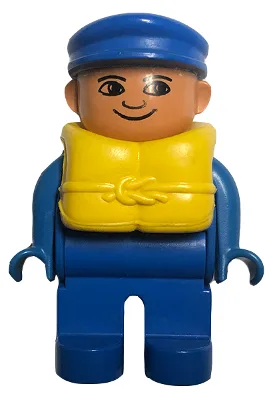 Duplo-figuur, mannelijk, blauwe benen, blauw bovenstuk, reddingsvest, blauwe pet