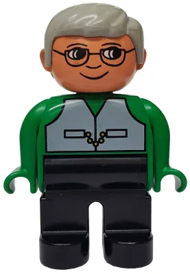 Duplo-Figur, männlich, schwarze Beine, grünes Oberteil mit Weste, graue Haare, Brille