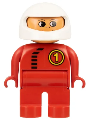 Duplo-Figur, männlich, rote Beine, rotes Oberteil mit schwarzem Reißverschluss und Rennfahrernummer 1, weißer Helm