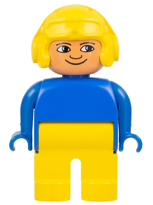 Duplo-Figur, männlich, gelbe Beine, blaues Oberteil, gelber Fliegerhelm