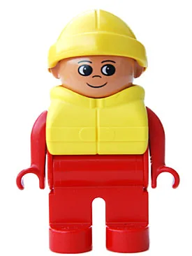 Figurine Duplo, homme, jambes rouges, haut rouge, gilet de sauvetage, chapeau de pluie jaune
