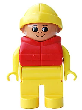 Figurine Duplo, homme, jambes jaunes, haut jaune, gilet de sauvetage rouge, chapeau de pluie jaune