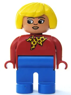 Figurine Duplo, femme, jambes bleues, haut rouge avec foulard à pois jaunes et rouges, cheveux jaunes, nez retroussé