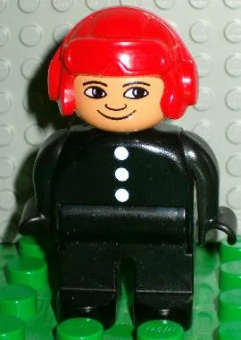Duplo-Figur, männlicher Feuerwehrmann, schwarze Beine, schwarzes Oberteil mit 3 weißen Knöpfen, roter Fliegerhelm