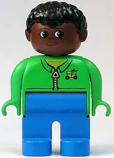 Duplo-figuur, mannelijk, blauwe benen, groene jas met rits, zwart krullend haar, bruin hoofd