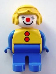 Duplo-figuur, mannelijke clown, blauwe benen, gele pilotenhelm