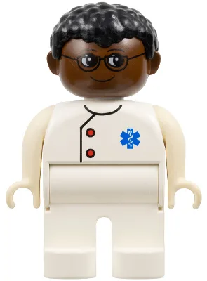 Figurine Duplo, Docteur / Secouriste - Homme, Adulte, Jambes blanches, Haut blanc à boutons avec motif étoile de vie d'EMT, Cheveux noirs, Tête brune (75503)