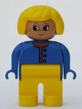 Figurine Duplo, Femme, Jambes jaunes, Pull bleu déboutonné avec des boutons rouges, Cheveux jaunes (75468)