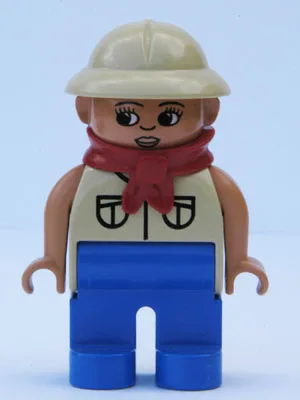 Duplo-figuur, vrouwelijk, blauwe benen, beige top met 2 zakken, beige tropenhelm, rode bandana, wimpers (4144057)