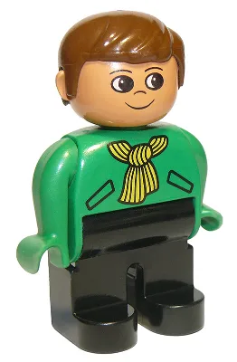 Figurine Duplo, homme, jambes noires, haut vert avec écharpe jaune, cheveux bruns (75699)