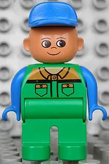 Duplo-Figur, männlich, grüne Beine, grüner Arbeitsanzug, blaue Arme, blauer Hut (4171006)