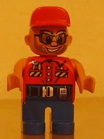 Duplo-Figur, männlicher Action Wheeler, blaue Beine, rotes Oberteil mit Schraubenschlüssel, rote Kappe, Sonnenbrille, Bart