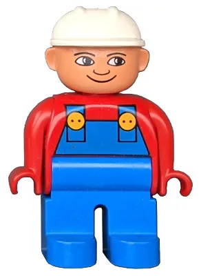 Figurine Duplo, homme, jambes bleues, haut rouge avec salopette bleue, casque de chantier blanc, nez retroussé