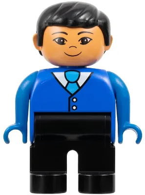 Figurine Duplo - Homme adulte, jambes noires, haut bleu à boutons et cravate, cheveux noirs, tête couleur nougat (75497)