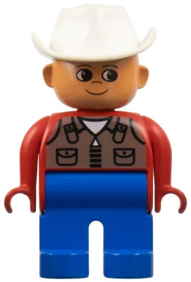 Duplo-figuur, mannelijk, blauwe benen, rood bovenstuk met donkerbruin vest met rits, witte cowboyhoed