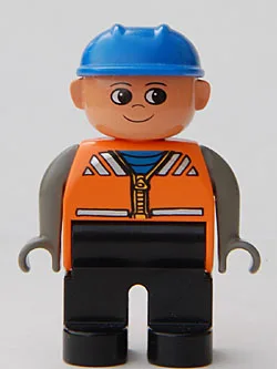 Duplo-Figur, männlich, schwarze Beine, orange Weste, dunkelgraue Arme, blauer Bauhelm