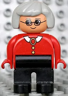 Duplo-Figur, weiblich, schwarze Beine, rote Bluse mit weißem Kragen, graue Haare, Brille (75467)