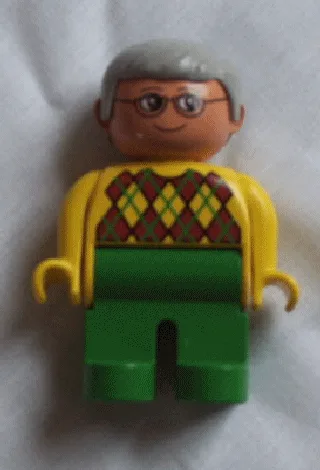 Duplo-Figur, männlich, grüne Beine, gelber Argyle-Pullover, graue Haare, Brille (75465)