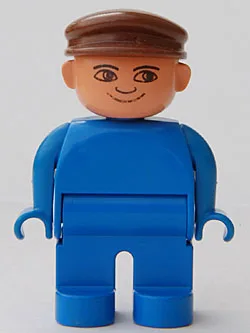 Figurine Duplo, homme, jambes bleues, haut bleu, casquette marron, sans blanc dans les yeux.