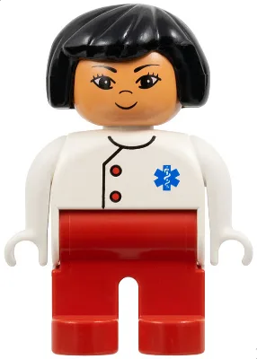 Figurine Duplo, Docteur / Secouriste - Femme, Adulte, Jambes rouges, Haut blanc à boutons avec motif étoile de vie EMT, Cheveux noirs, Tête couleur nougat (75498)
