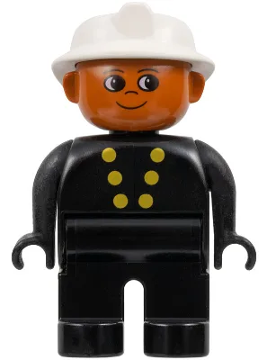 Figurine Duplo, Pompier - Homme, Adulte, Jambes noires, Haut noir à boutons, Casque de pompier blanc, Tête orange foncé (75509)