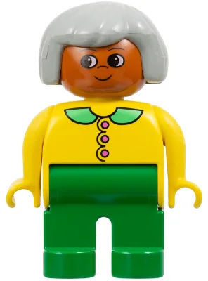 Figurine Duplo - Femme adulte, jambes vertes, haut jaune à col et boutons, cheveux gris clair, tête orange foncé (75512)