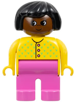 Figurine Duplo - Femme adulte, jambes rose foncé, haut jaune à boutons et coutures en V, cheveux noirs, tête brune (75504)