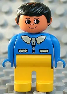 Duplo-Figur, männlich, gelbe Beine, blaues Oberteil mit weißem Kragen, schwarze Haare