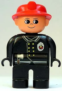 Figurine Duplo, pompier (homme), jambes noires, haut noir avec logo flamme, casque de pompier rouge, sans moustache (4171017)
