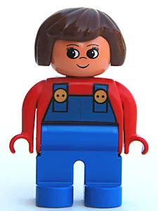 Duplo-Figur, weiblich, blaue Beine, rotes Oberteil mit blauer Latzhose, braunes Haar, Stupsnase