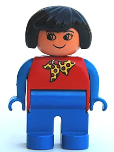 Duplo-figuurtje, vrouwelijk, blauwe benen, rode top met geel-rode stippensjaal, blauwe armen, zwart haar, zonder neus