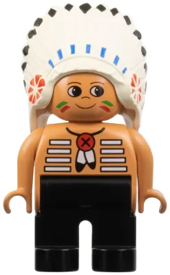 Duplo-Figur, männlich, schwarze Beine, nougatfarbenes Oberteil mit weißen Streifen (Indianerhäuptling)