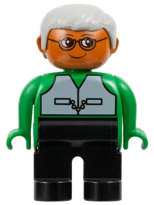 Figurine Duplo - Homme adulte, jambes noires, haut vert à motifs de gilet, cheveux gris, tête orange foncé (75511)