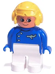 Figurine Duplo, homme, jambes blanches, haut bleu avec logo d'avion, casque d'aviateur jaune, nez retroussé