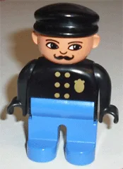 Figurine Duplo, policier (homme), jambes bleues, haut noir avec insigne doré, chapeau noir, nez retroussé et yeux elliptiques