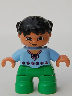 Duplo Figure Lego Ville, Child Girl, Bright Green Legs, Light Blue Top with Red Flowers, Black Hair (4271511 / 4644712 / 6233812)