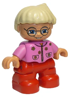 Duplo Figure Lego Ville, Child Girl, Red Legs, Dark Pink Top With Flowers, Light Blond Hair With Ponytail, Glasses (4286465)