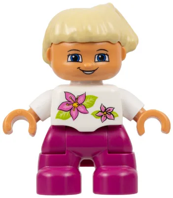 Duplo Figur Lego Ville, Mädchen, magenta Beine, weißes Oberteil mit zwei Blumen, weiße Arme, hellbraunes Haar (4521596, 6012989, 6228505)