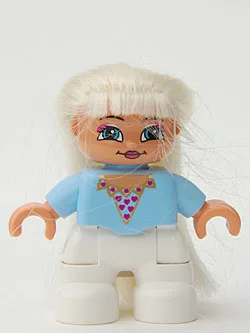 Duplo Figur Lego Ville, Mädchen, weiße Beine, hellblaues Oberteil mit Herzmuster, blonde Haare (Prinzessin)