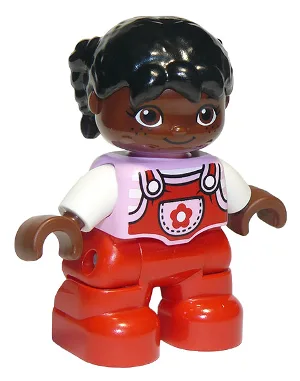 Duplo Figure Lego Ville, Child Girl, Red Legs, Bright Pink Top with Flower on Pocket, White Arms, Black Hair Pigtails with Uneven Bangs, Oval Eyes (6221053)