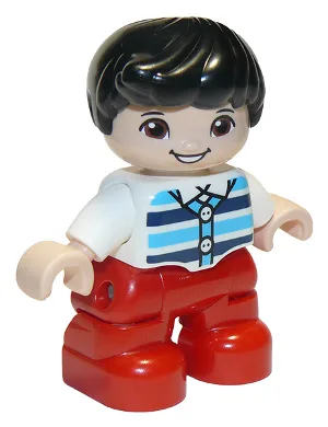 Duplo Figure Lego Ville, Child Boy, Red Legs, White Top with Medium Azure and Dark Blue Stripes, Black Hair