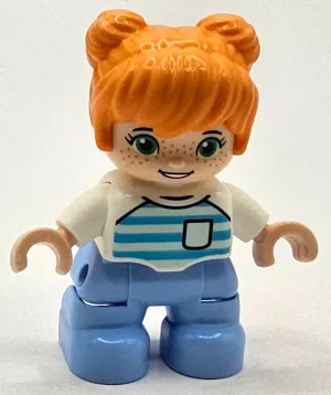 Duplo Figure Lego Ville, Child Girl, Bright Light Blue Legs, Orange Hair, Medium Azure and Light Aqua Striped Shirt, Green Eyes, Freckles, White Arms (6453163)