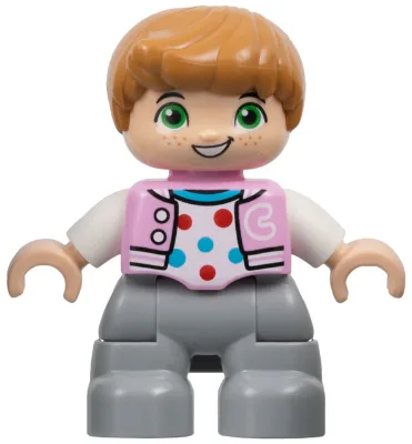 Duplo Figure Lego Ville, Child Boy, Light Bluish Gray Legs, Bright Pink Jacket with Capital Letter C, Polka Dot Shirt, Medium Nougat Hair (6446171)