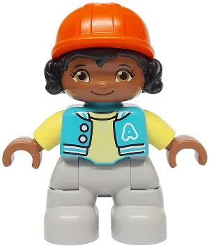 Duplo Figure Lego Ville, Child Girl, Light Bluish Gray Legs, Medium Azure Jacket with Capital Letter A and Buttons, Black Hair, Reddish Orange Riding Helmet (6474068)
