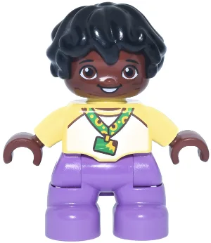 Duplo Figure Lego Ville, Child Boy, Medium Lavender Legs, Bright Light Yellow and White Top Baseball T-Shirt, Sunflower ID Badge on Lanyard Pattern, Black Hair (6544013)