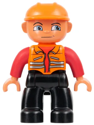 Duplo Figur Lego Ville, männlich, schwarze Beine, orange Weste, oranger Bauhelm
