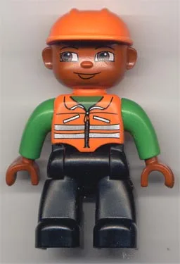 Duplo Figur Lego Ville, männlich, schwarze Beine, orange Weste mit grünen Armen, oranger Bauhelm