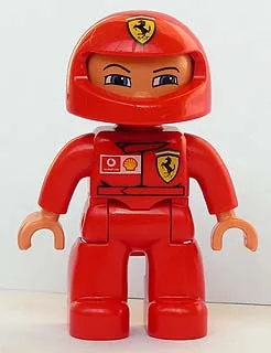 Duplo Figur Lego Ville, männlich, rote Beine, rotes Oberteil mit Ferrari-/Muschel-/Vodafone-Muster, roter Helm (4233467)